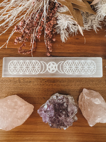 Selenite Crystal Charging Plate - Flower of Life (Long)