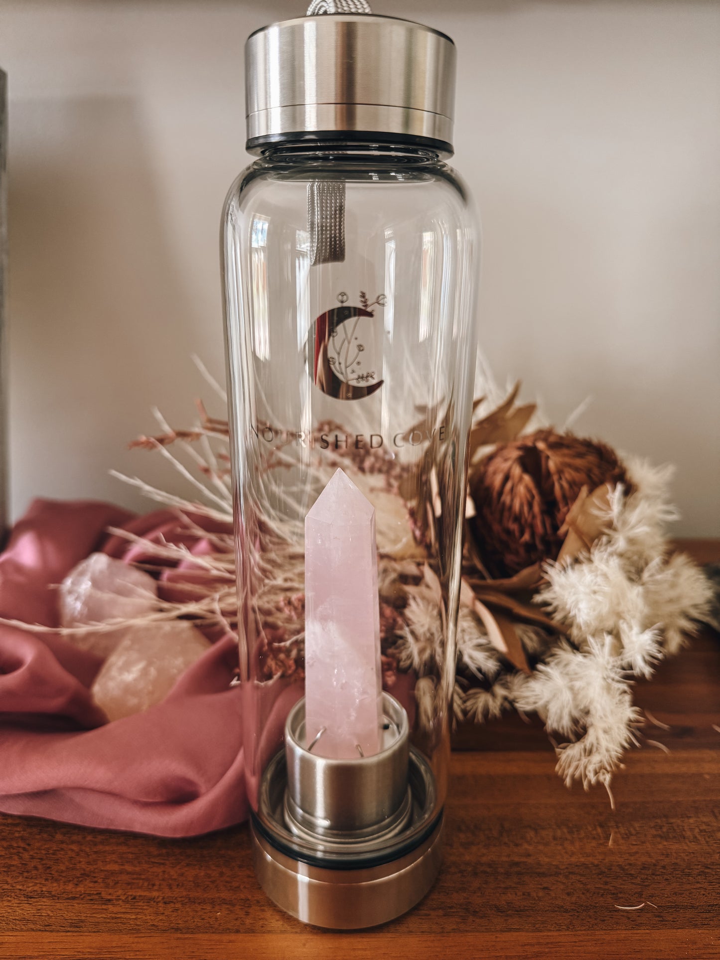 Rose Quartz Crystal Infused Water Bottle (Silver Collection)