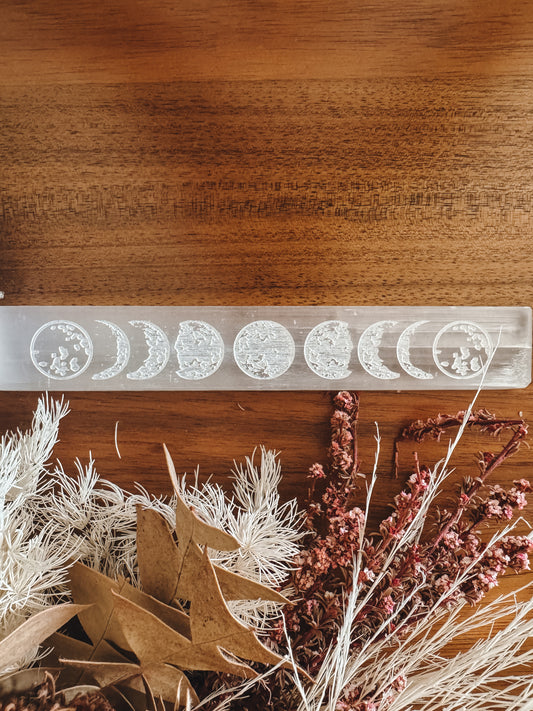 Selenite Crystal Charging Plate - Moon Phases (Long)